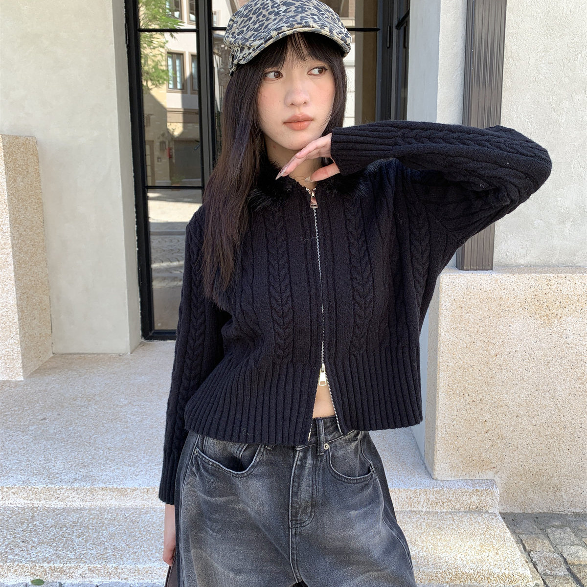 of32 official2025秋冬修身显瘦针织衫女内搭可外穿毛领拉链外套