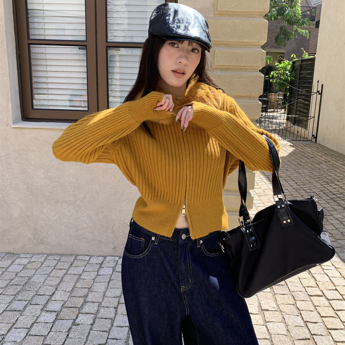 of32 official2025秋季新款修身显瘦毛领拉链外套女百搭针织上衣