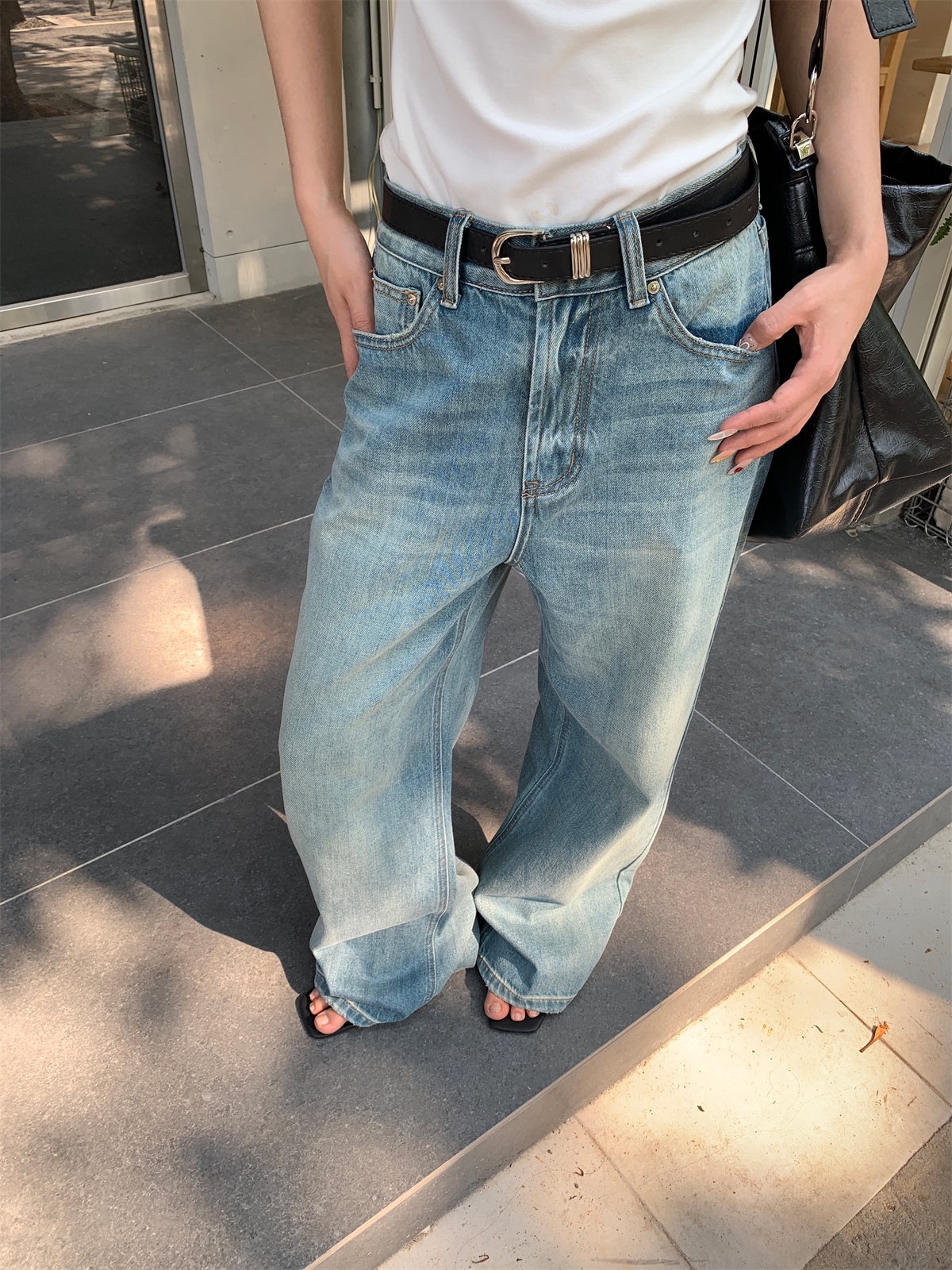 of32 official2025新款流行复古高街牛仔裤女夏薄款微喇阔腿裤