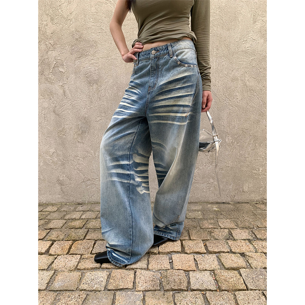 of32 official2025新款垂坠阔腿设计牛仔裤女秋季美式宽松直筒裤