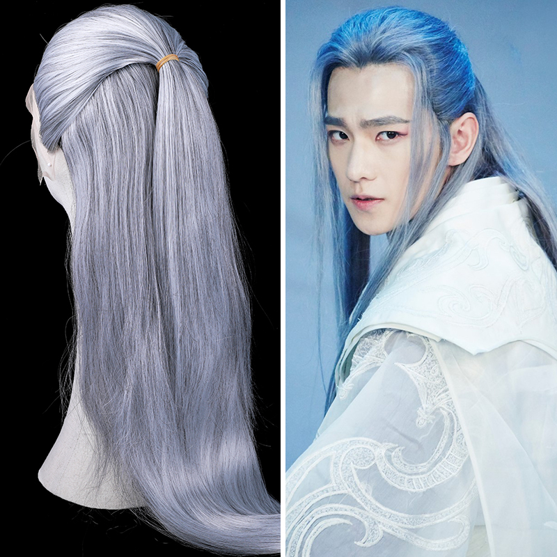 影视古装剧男士假发全头套精品手钩款汉服古风长直发男花白假发套