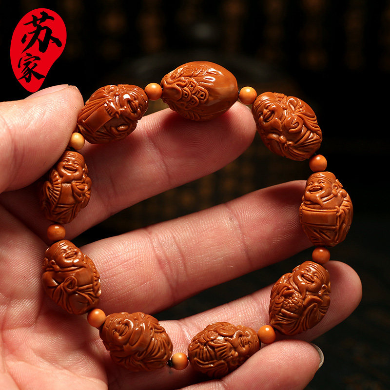 橄榄核手串1.3小籽八宝财神核雕手工雕刻八方来财文玩手链男女士