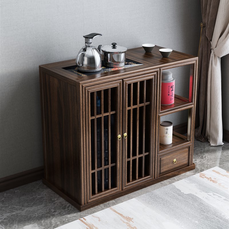 新中式实木茶水柜家用大户型乌金木色茶柜客厅储物茶台烧水壶一体