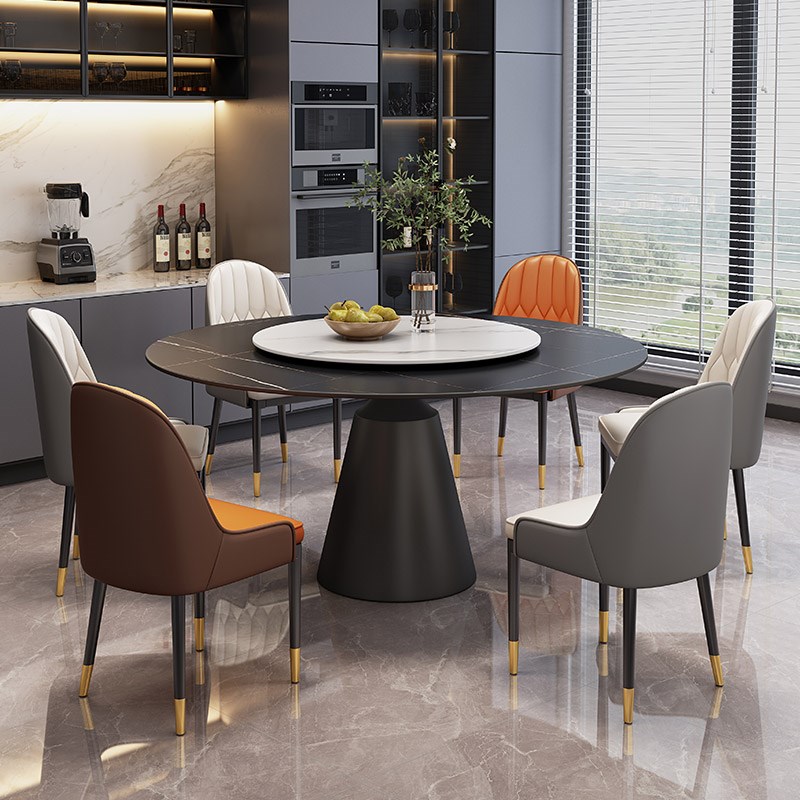轻奢岩板餐桌椅组合现代简约吃饭桌子家用带转盘大理石圆桌小户型