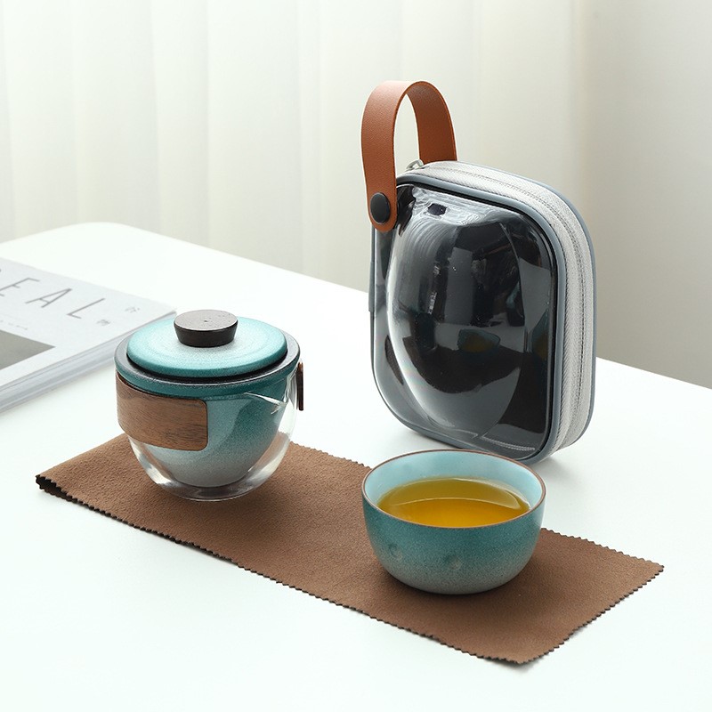 玻璃旅行茶具套装户外便携陶瓷企鹅快客杯一壶一杯泡茶杯个人茶具