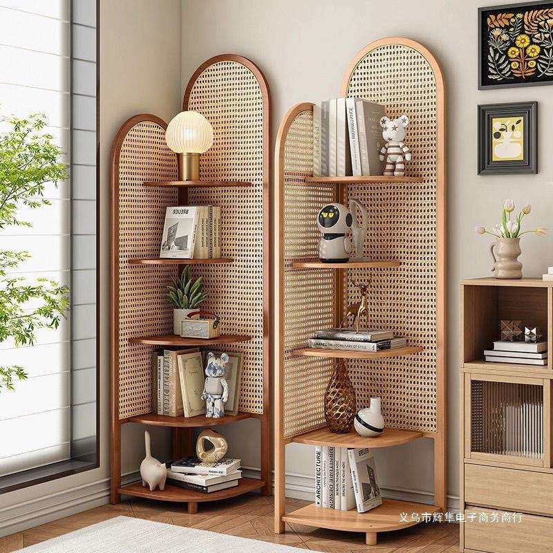 拐角收纳架复古柜子卧室藤编实木客厅书架转角置物架三角落地沙发