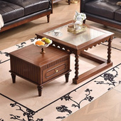 2026复古实木方几组合客厅家用轻奢简约茶几带抽屉中古风玻璃茶桌