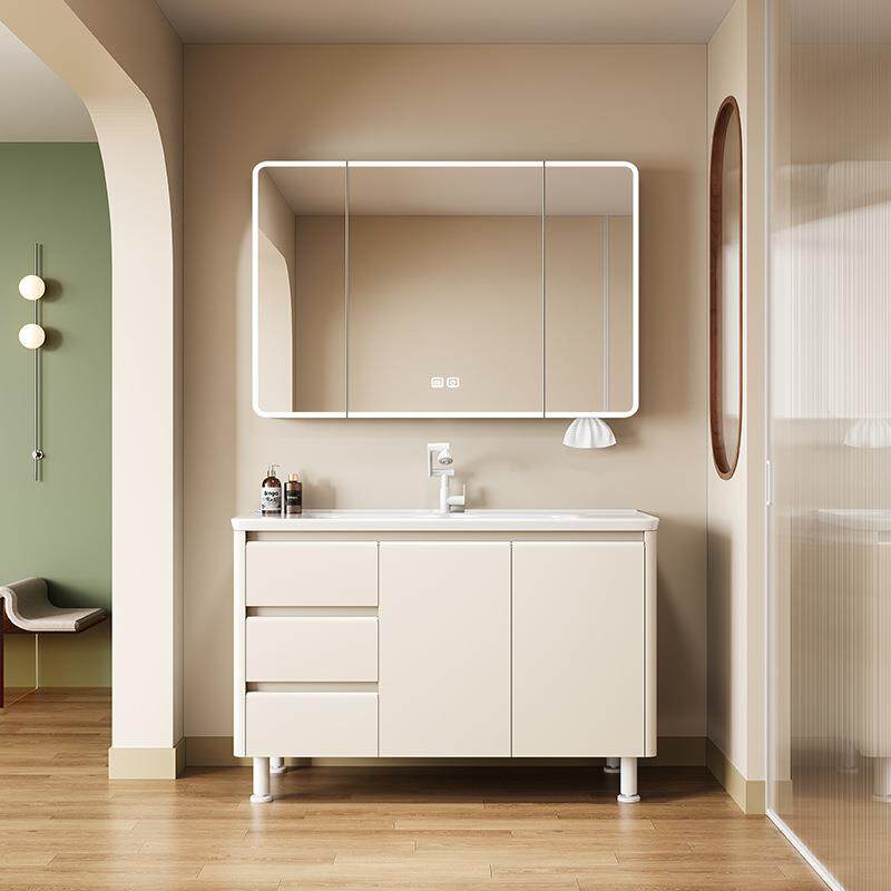 奶油蜂窝铝浴室柜卫生间陶瓷一体盆阳台洗衣盆带搓衣板落地柜组合