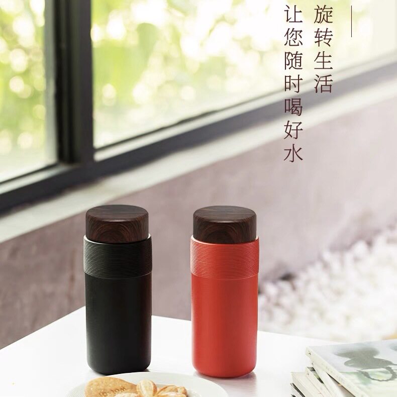 陆宝陶瓷杯子旋转随身杯活水茶杯便携双层随手杯大容量陶杯泡茶杯