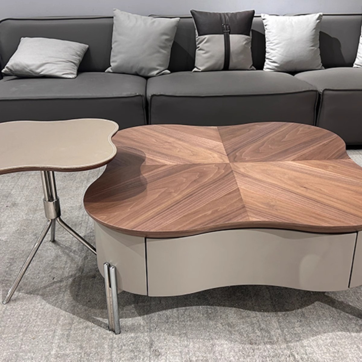 新款胡桃木中古奶油风异形茶几组合客厅家用现代简约设计师花瓣形