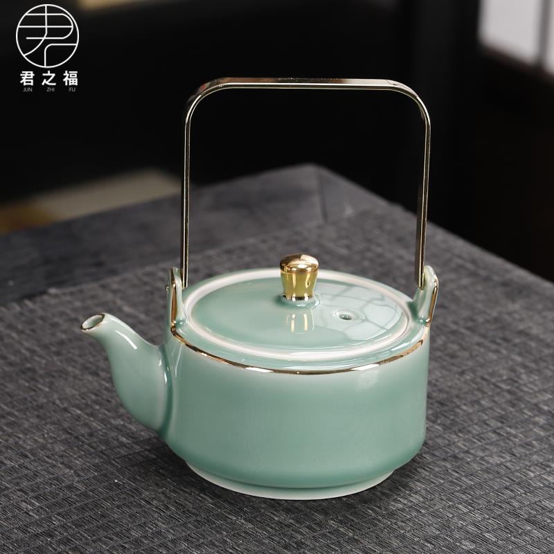 青瓷提梁泡茶壶功夫茶具陶瓷大容量高梁壶简约家用带过滤网单个壶