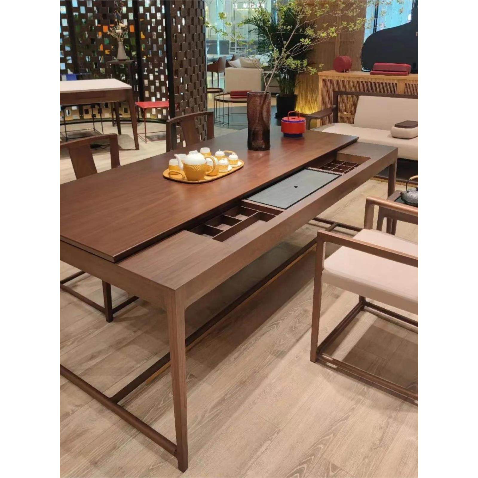 北美黑胡桃木可移动多功能茶桌茶台休闲家用新中式实木书桌茶几