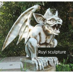 异域石像鬼长翅膀滴水嘴怪物雕像饰品镇屋吉祥动物流水喷泉