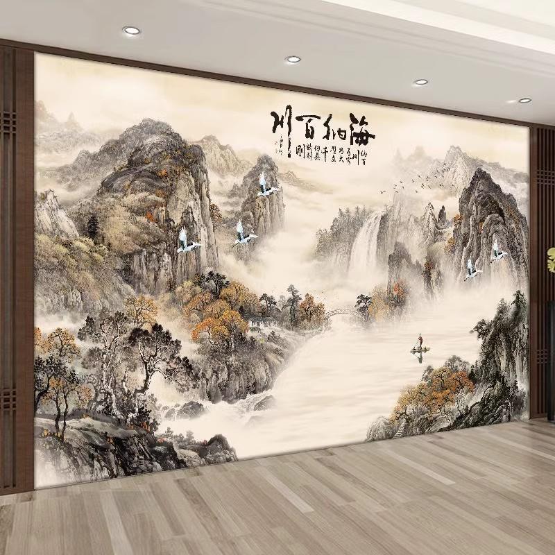 新中式竹木纤维集成墙板水墨山水画海纳百川电视背景墙护墙板拼接