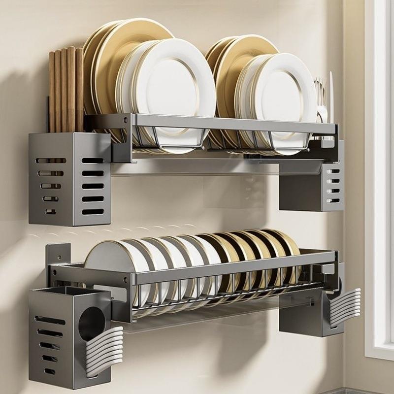 免打孔厨房碗碟架不锈钢盘架沥水架家用壁挂式收纳架多功能置物架