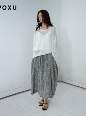 DAOXU倒序 自然垂坠感 显瘦百搭建筑廓形  亚麻泡泡格半身裙