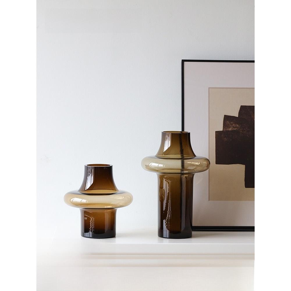 采购产品花瓶，高端客厅桌面插花，中世纪咖啡色装饰玻璃花容器，