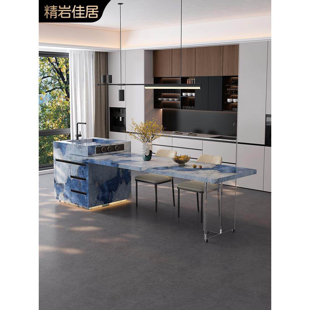 意式极简奢石岩板岛台餐桌一体家用开放式厨房高端导台可伸缩定制