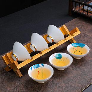 纯手绘陶瓷斗笠杯6祇套装 中式羊脂玉白瓷功夫小茶杯品茗杯带杯架