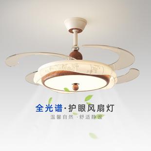 中古风饭厅灯新款 覆古胡桃色护眼房间宋代美学布艺印花卧室吊扇灯