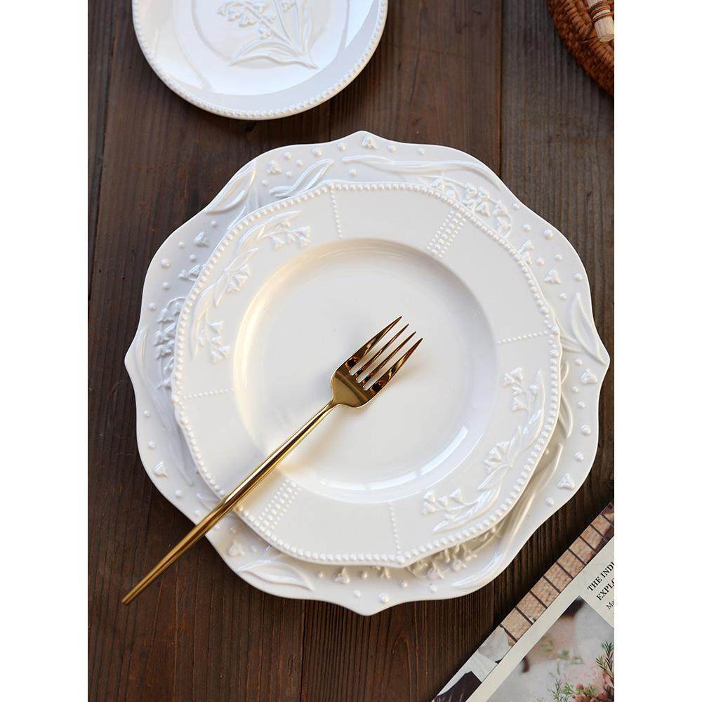 浮雕蛋糕盘子法式陶瓷意面盘甜品点心西餐餐盘家用菜盘餐具铃兰盘,餐饮具,盘,淘宝优惠券,粉丝福利购,淘宝优惠卷