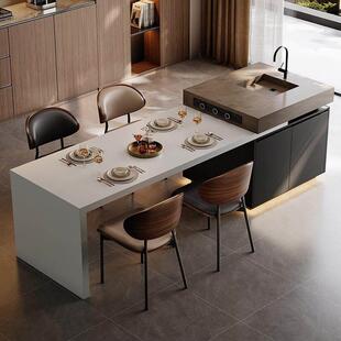 可伸缩岩板岛台餐桌北欧简约小户型一体移动中岛台厨房操作台