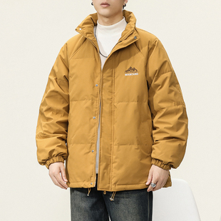 黄色立领羽绒服男2025新款潮流宽松百搭加厚保暖面包服青少年外套