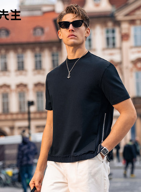 布先生轻奢时尚拼接短袖男士夏季圆领抗皱t恤设计感拉链ET16222