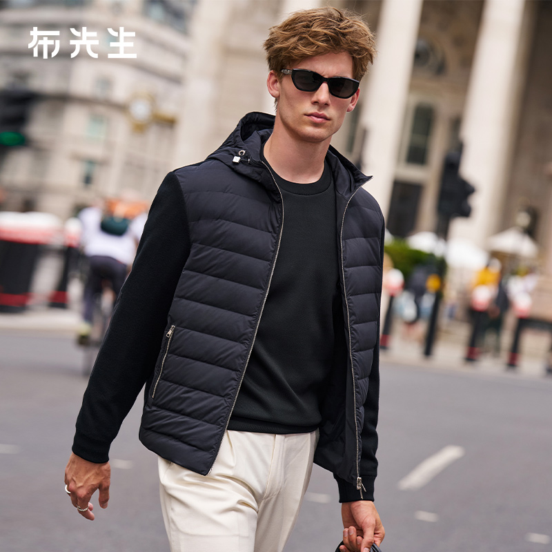 布先生轻奢羽绒服开衫男款拉链连帽外套羊毛拼接时尚保暖PT16780