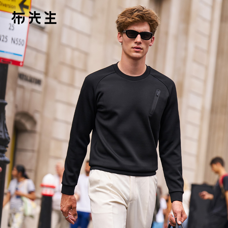 布先生轻奢插肩袖圆领黑色卫衣男