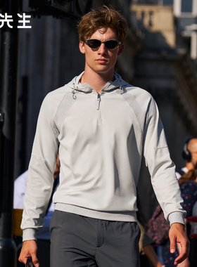 布先生轻奢卫衣灰色男半拉链连帽衫撞色插肩长袖上衣运动PT16756