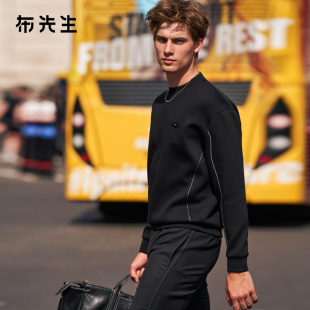 PT16762 黑色撞线皮质LOGO柔软长袖 布先生轻奢廓形版 圆领卫衣男款