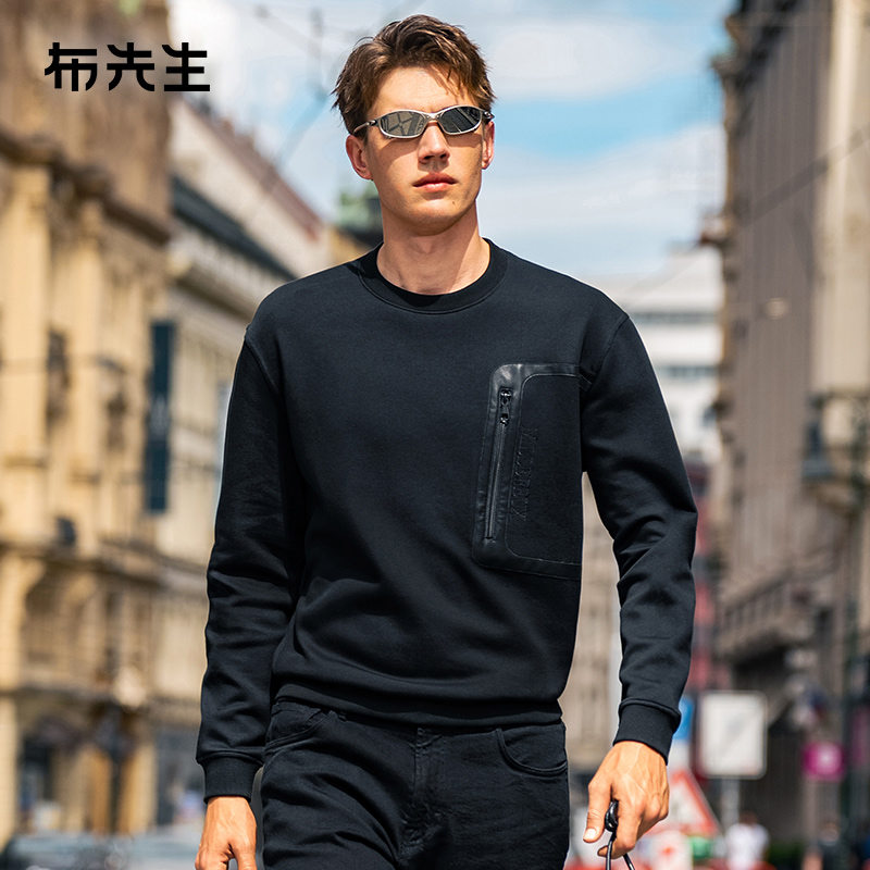 布先生轻奢圆领卫衣黑色男秋冬长袖T恤设计感口袋上衣PT15593断码