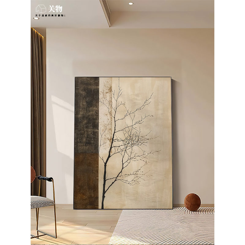 新中式复古装饰画中古风侘寂风树枝原木风玄关走廊挂画客厅落地画图片