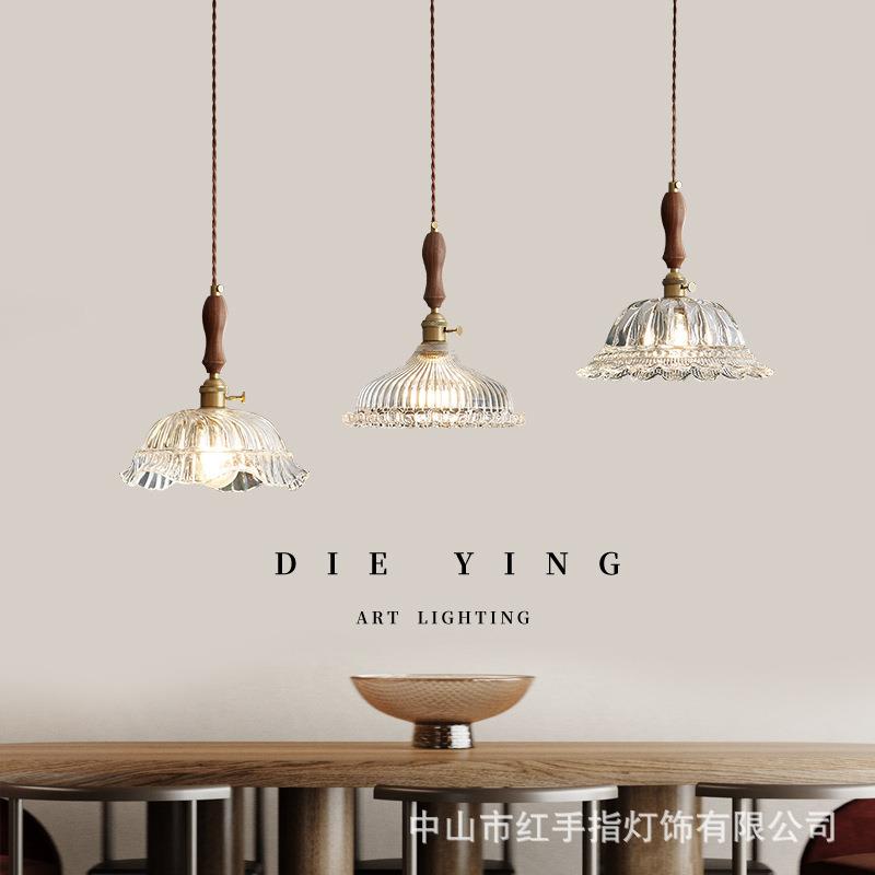 法式餐厅餐桌三头吊灯日式创意网红吧台饭厅胡桃木玻璃混搭吊灯