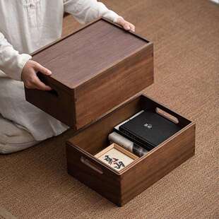胡桃木储物箱收纳盒带盖多层衣物整理框大号直角桌面餐茶具收纳柜