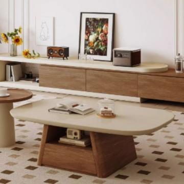 中古风胡桃木椭圆形茶几小圆桌电视柜组合茶几家用客厅小户型