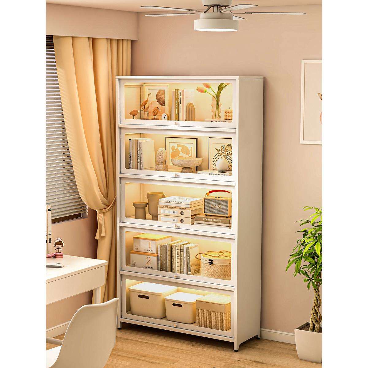 钢制书柜带玻璃门儿童书架家用客厅储物柜防尘展示柜铁艺置物架谚