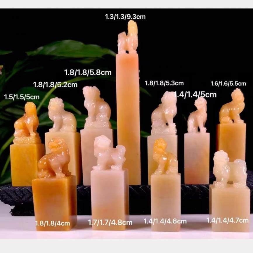 老挝结晶北部田黄印章纽章11方正方1.3-1.8高4.6-9.3CM寿山石配盒