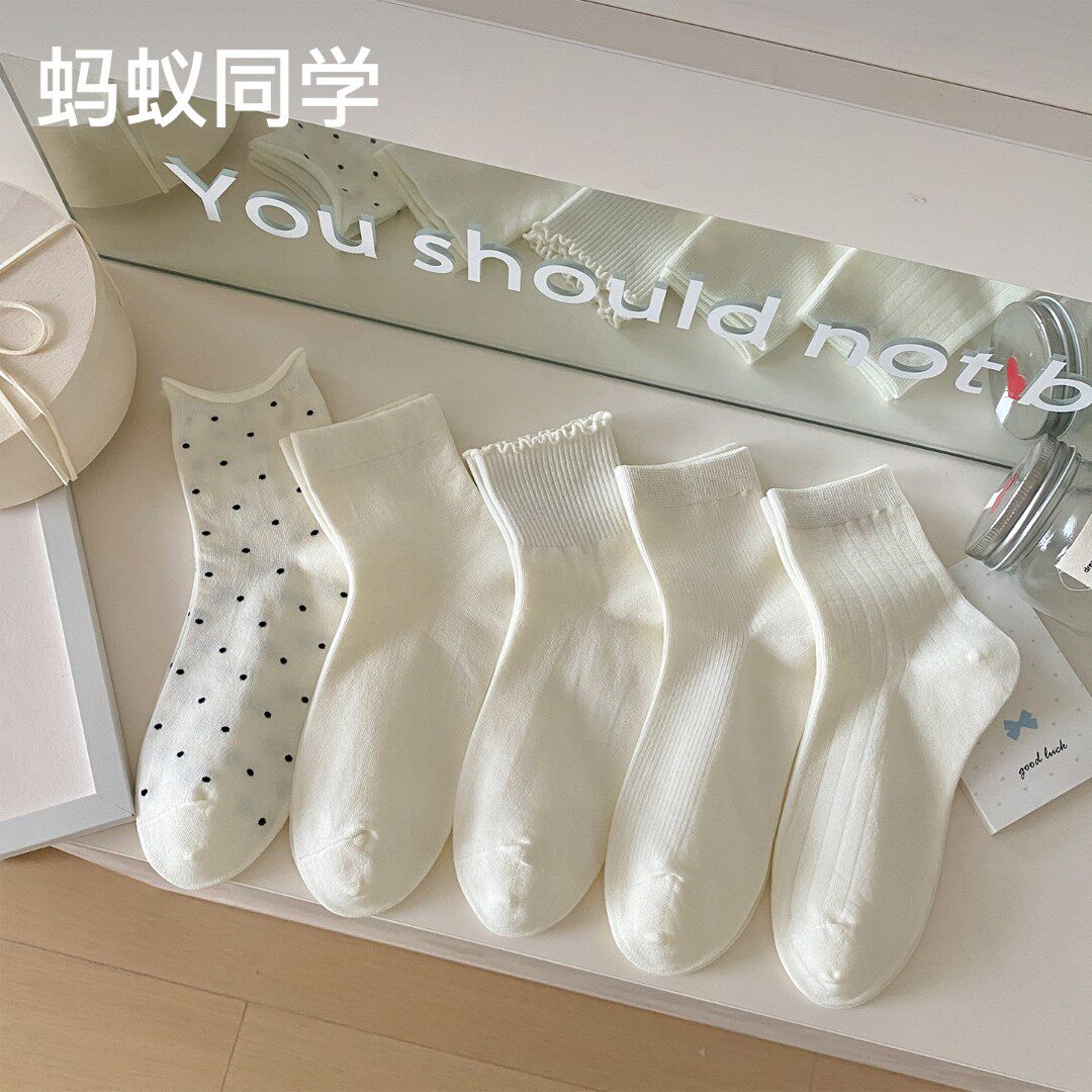 蚂蚁同学【抗起球短袜】波点卷边袜女春夏纯色简约短筒少女木耳边