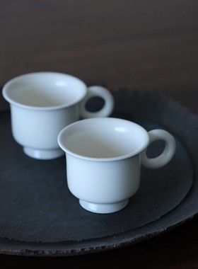 柒月里古典日式奶白色陶瓷高脚咖啡杯 意式拿铁咖啡杯碟 茶杯酒杯