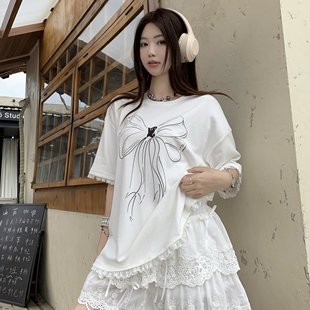 手绘蝴蝶结蕾丝边白色短袖 实拍 套装 2025夏季 t恤女设计感上衣 大码