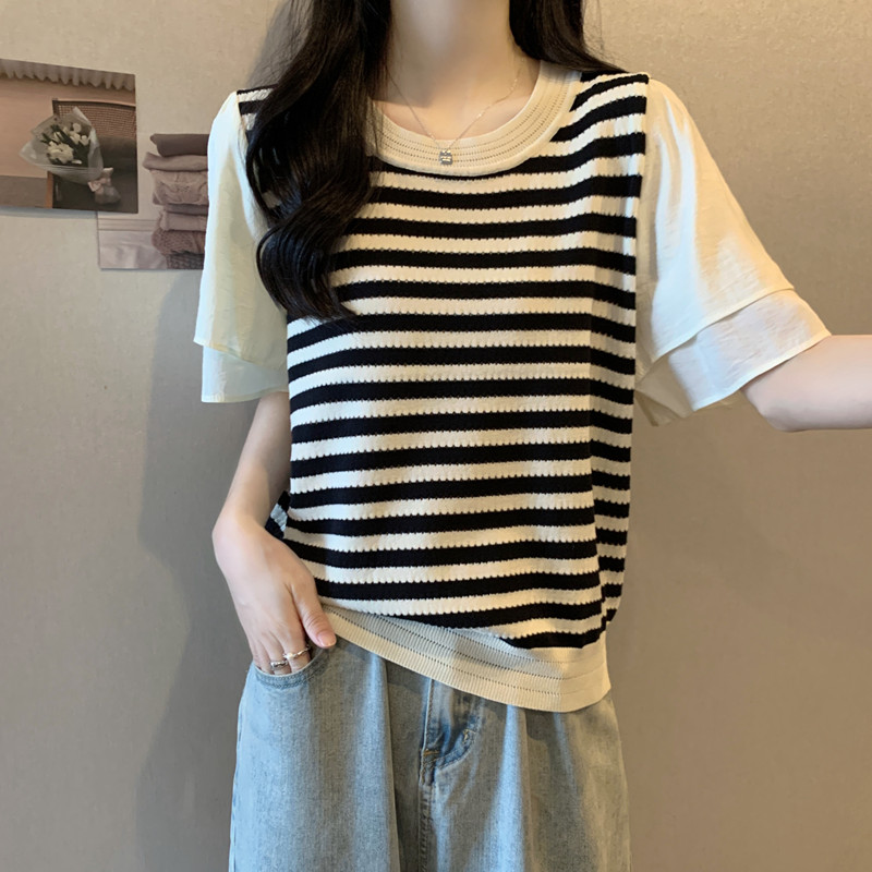 实拍胖妹妹大码女装夏季新款拼接雪纺袖短袖T恤条纹正肩小衫上衣