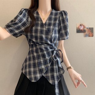 女夏季 大码 衬衫 微胖法式 高级感收腰衬衣胖MM遮肉显瘦格子上衣 短袖