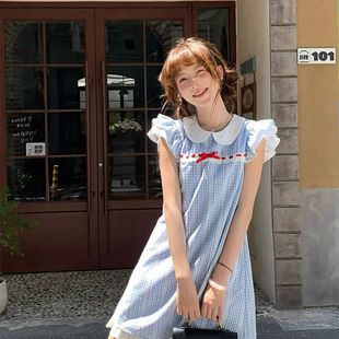 蓝格子超好看连衣裙甜美可爱格纹公主裙 椰云奶霜 夏季 新款 小飞袖