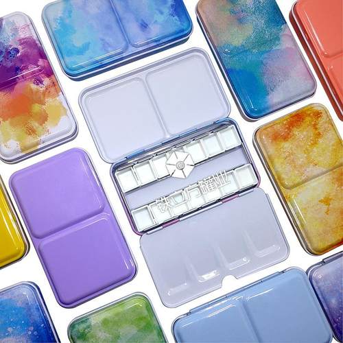 12色三折小号平底便携式固体水彩铁盒 马口铁绘画美术颜料分装盒