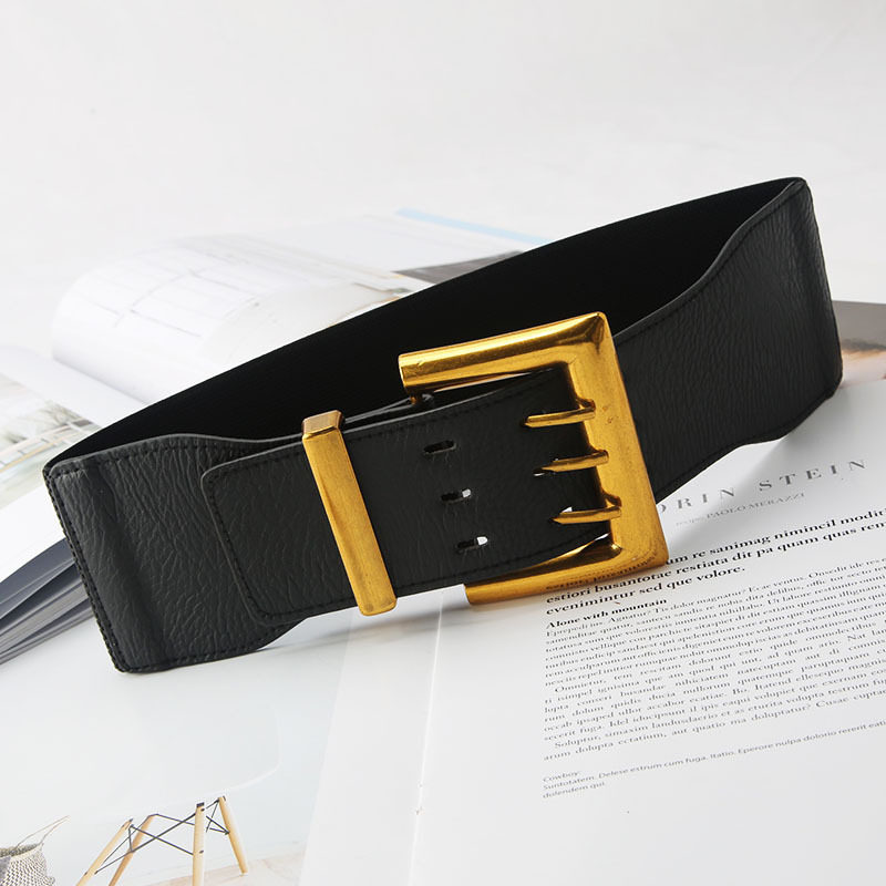 High Quality Retro Elastic Wide Belt Gold Buckle Ladies Fash