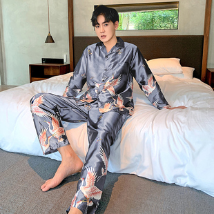 Autumn Elastic Waist Men Sleepwear print Mens pyjamas Silk