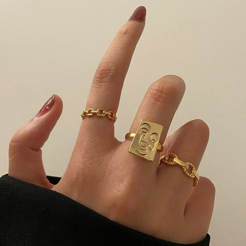 好货Golden rings women金色人脸笑脸麻花编织戒指女食指