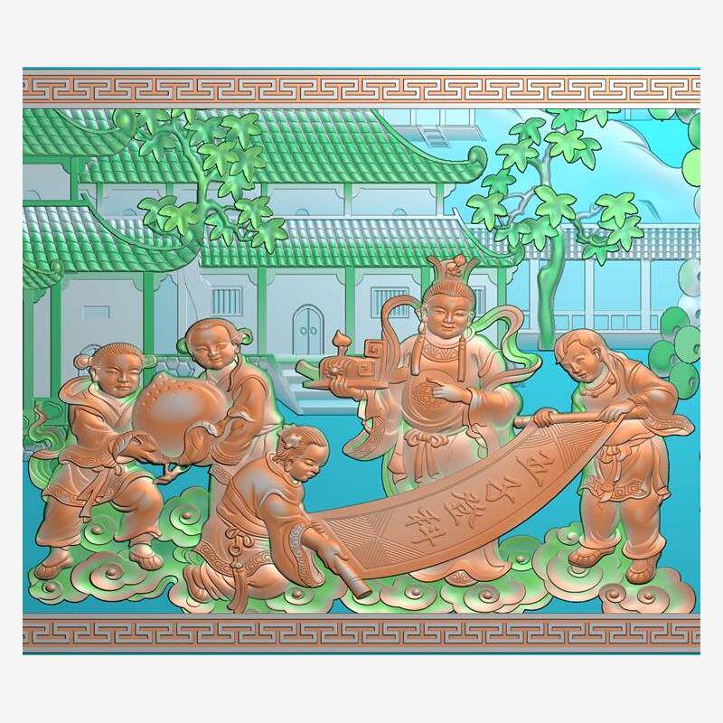 五子登科精雕图浮雕图古代人物图石雕木雕浮雕图灰度图古建寺庙